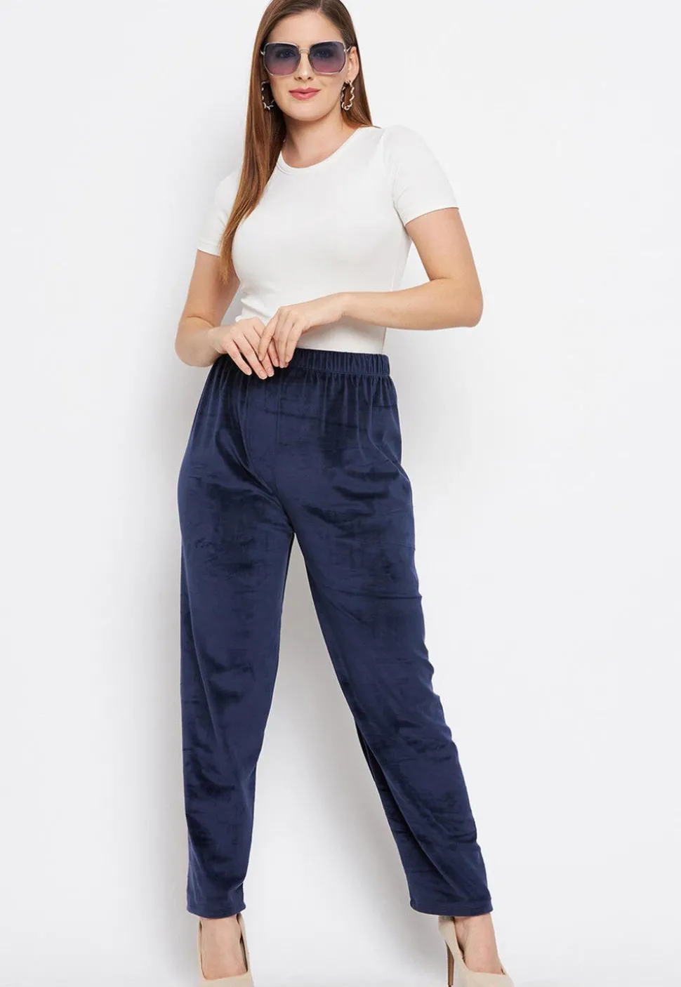 Solid Color Velvet Pant in Navy Blue