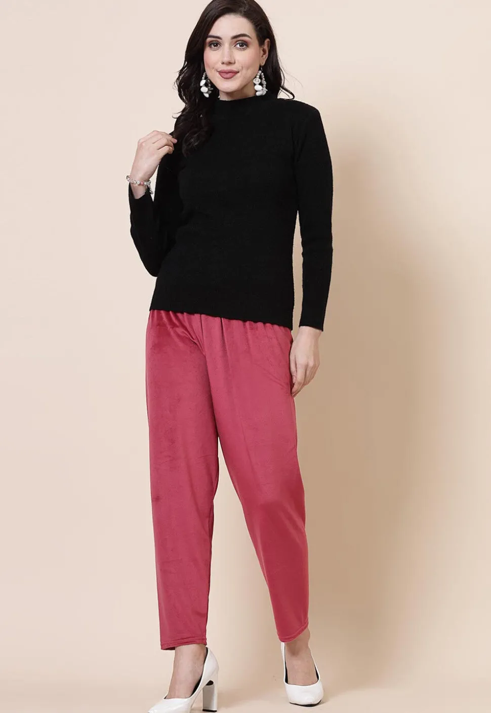 Solid Color Velvet Pant in Dark Old Rose