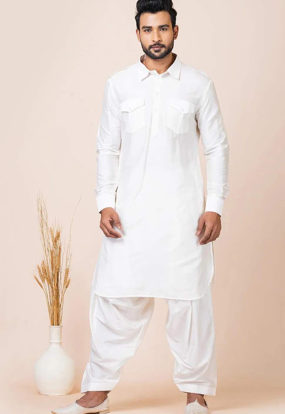 Solid Color Viscose Rayon Paithani Suit in Off White