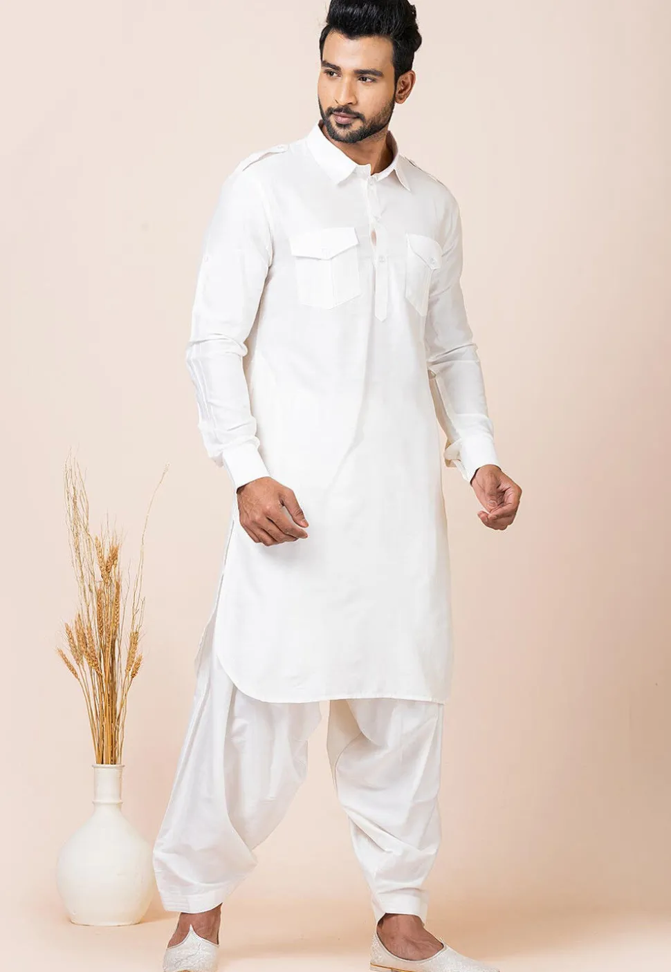 Solid Color Viscose Rayon Paithani Suit in Off White