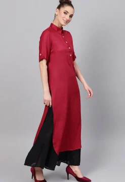 Solid Color Viscose Rayon Straight Kurta in Maroon