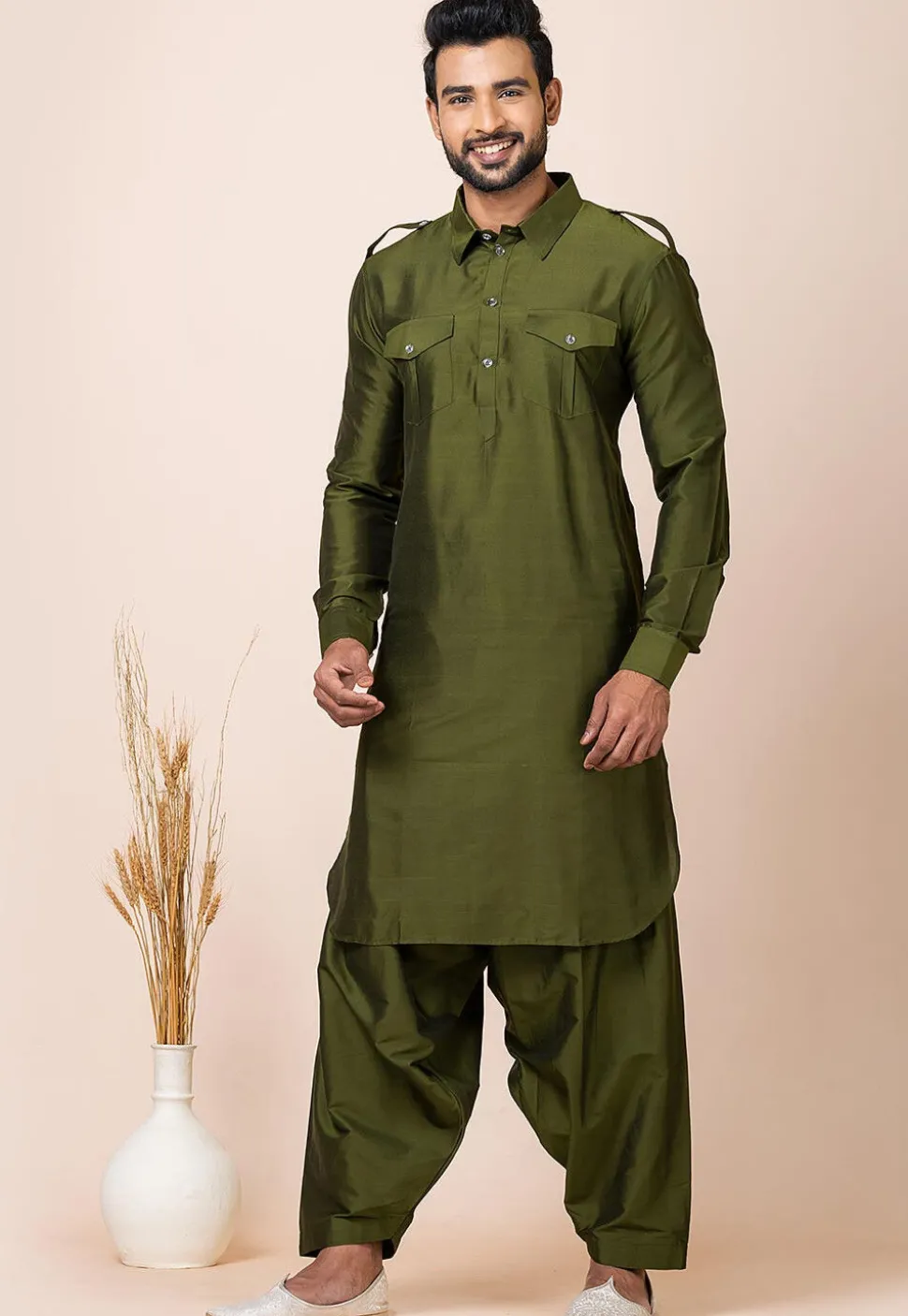 Solid Color Viscose Rayon Paithani Suit in Olive Green