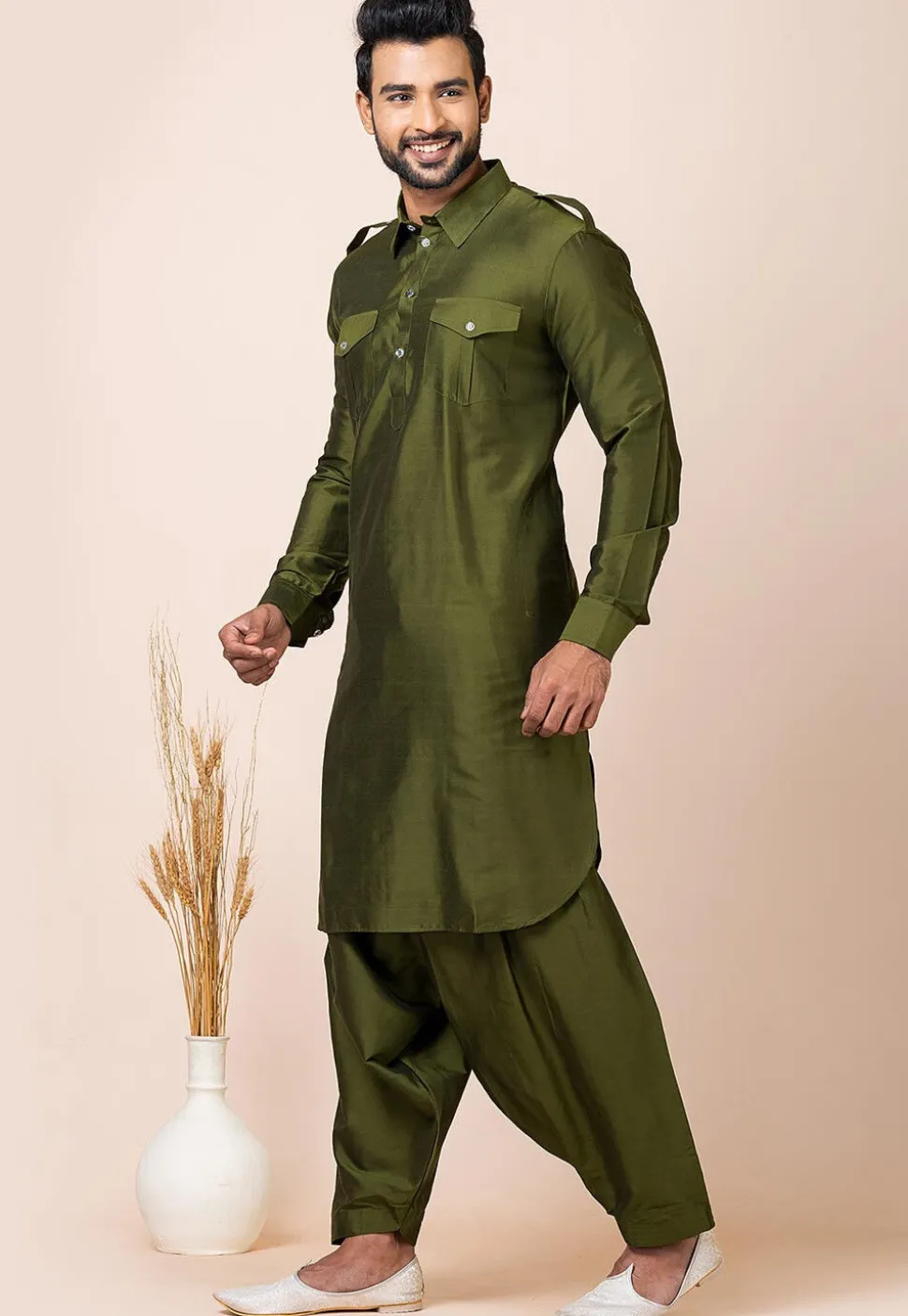 Solid Color Viscose Rayon Paithani Suit in Olive Green