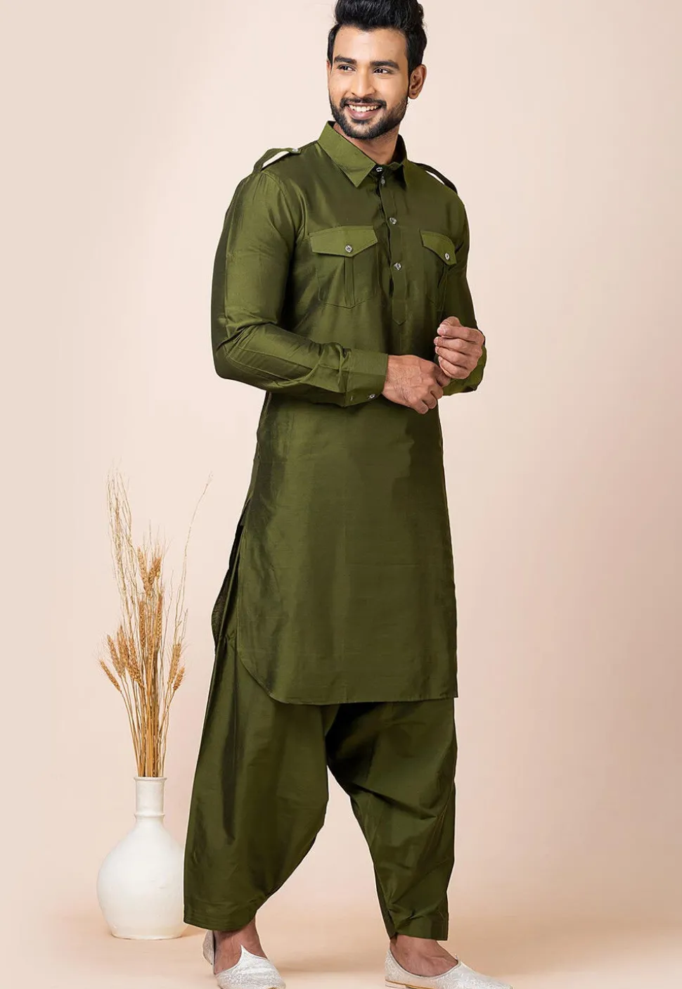 Solid Color Viscose Rayon Paithani Suit in Olive Green