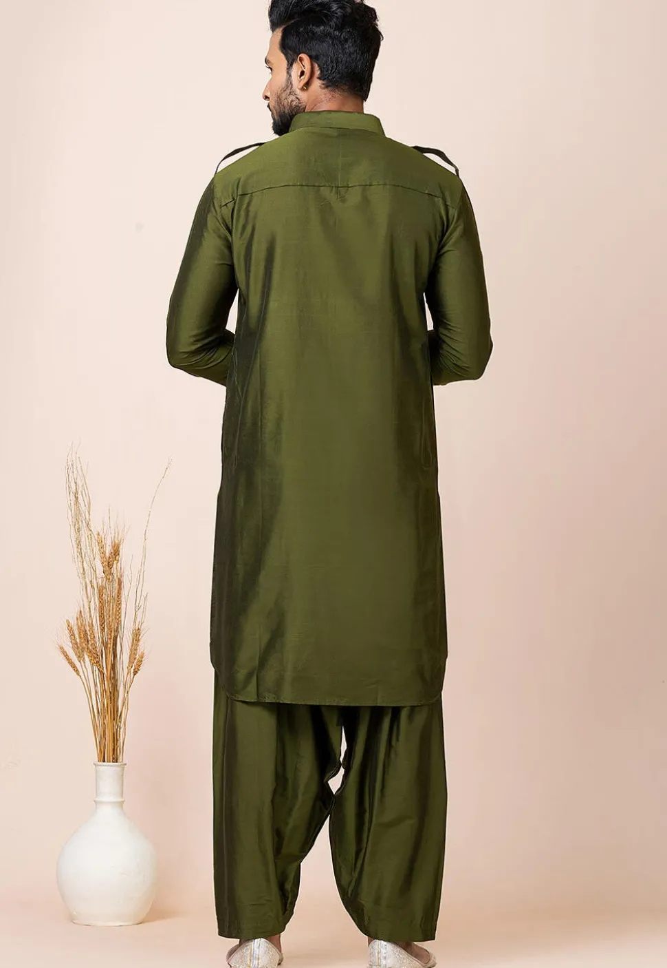 Solid Color Viscose Rayon Paithani Suit in Olive Green
