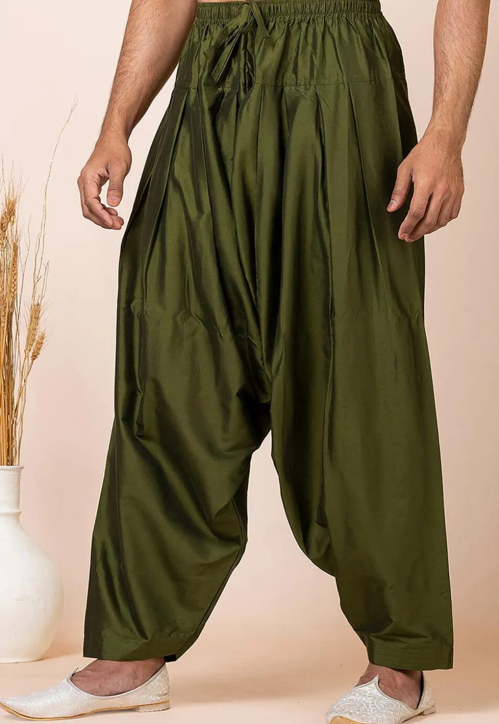 Solid Color Viscose Rayon Paithani Suit in Olive Green