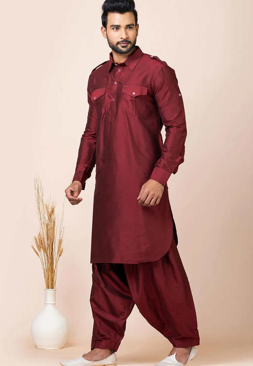 Solid Color Viscose Rayon Paithani Suit in Maroon