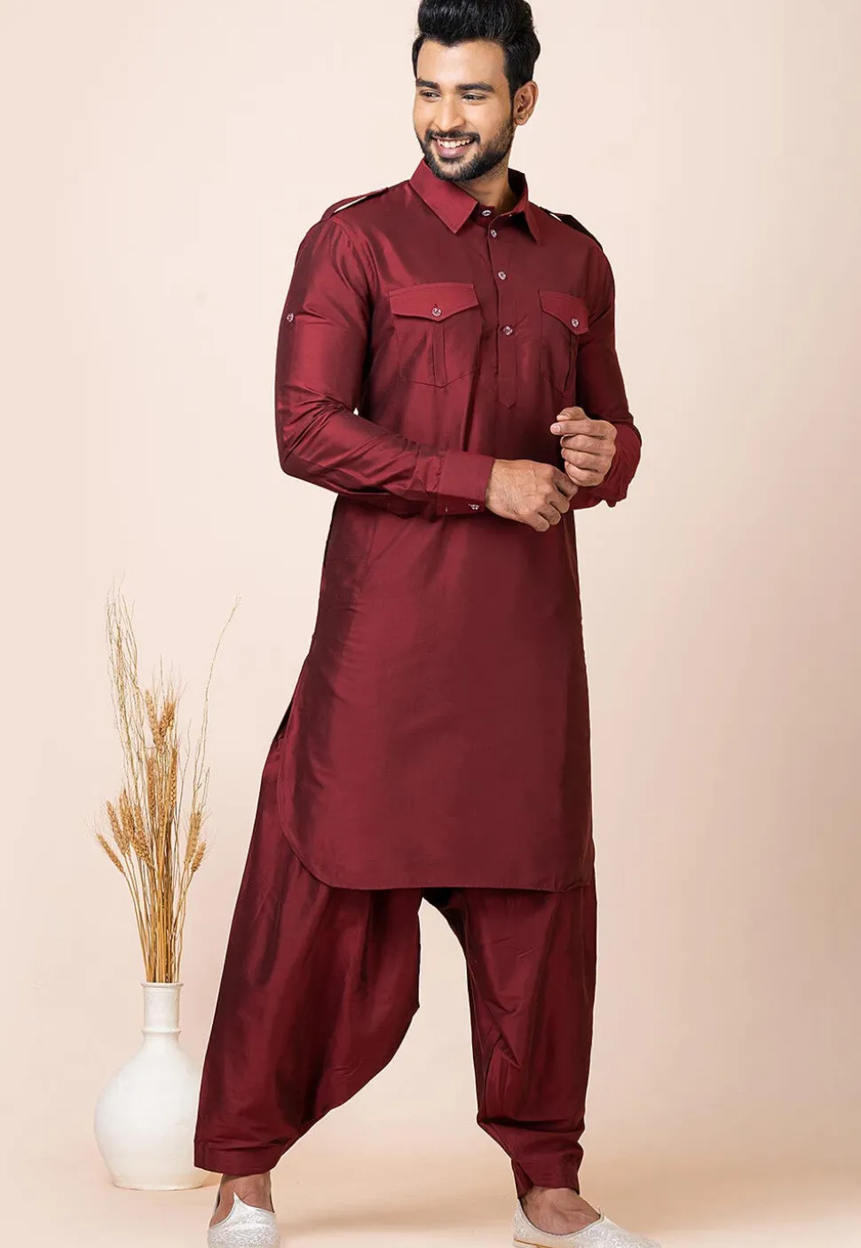 Solid Color Viscose Rayon Paithani Suit in Maroon
