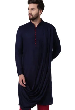 Solid Color Viscose Rayon Cowl Style Kurta in Navy Blue