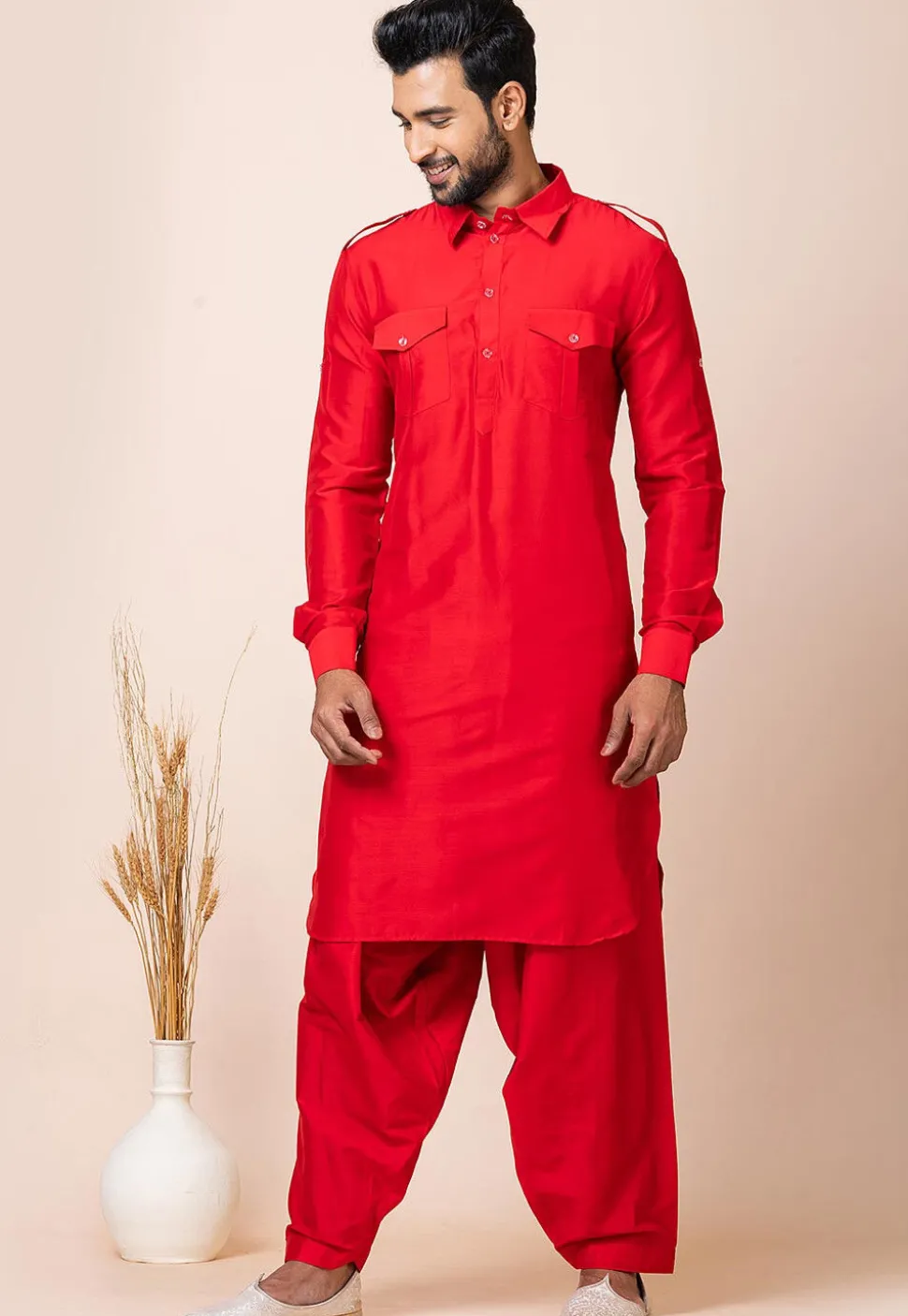 Solid Color Viscose Rayon Paithani Suit in Red