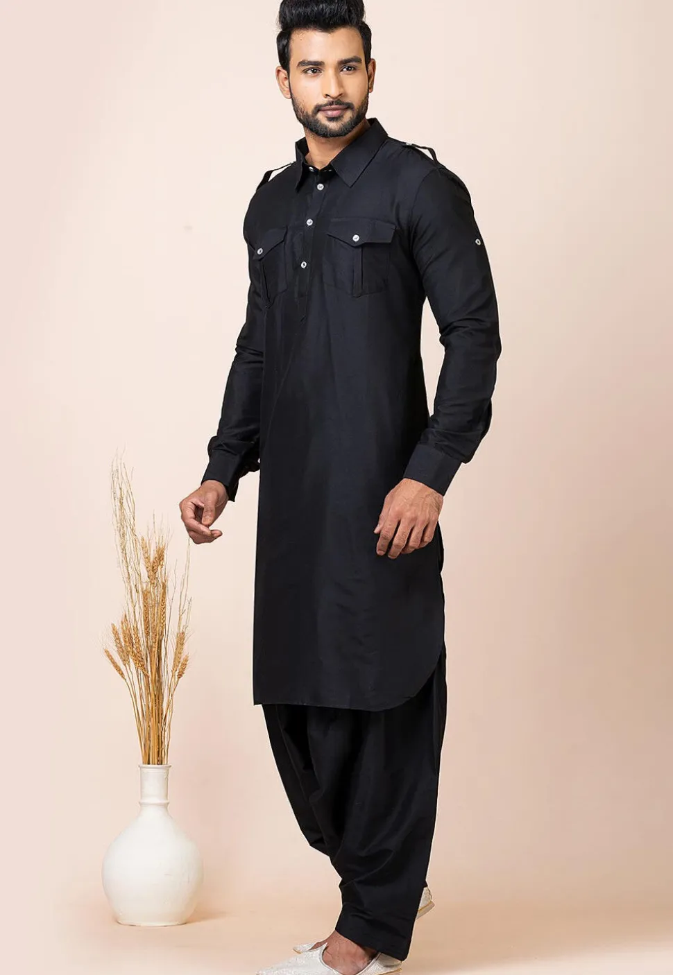Solid Color Viscose Rayon Paithani Suit in Black