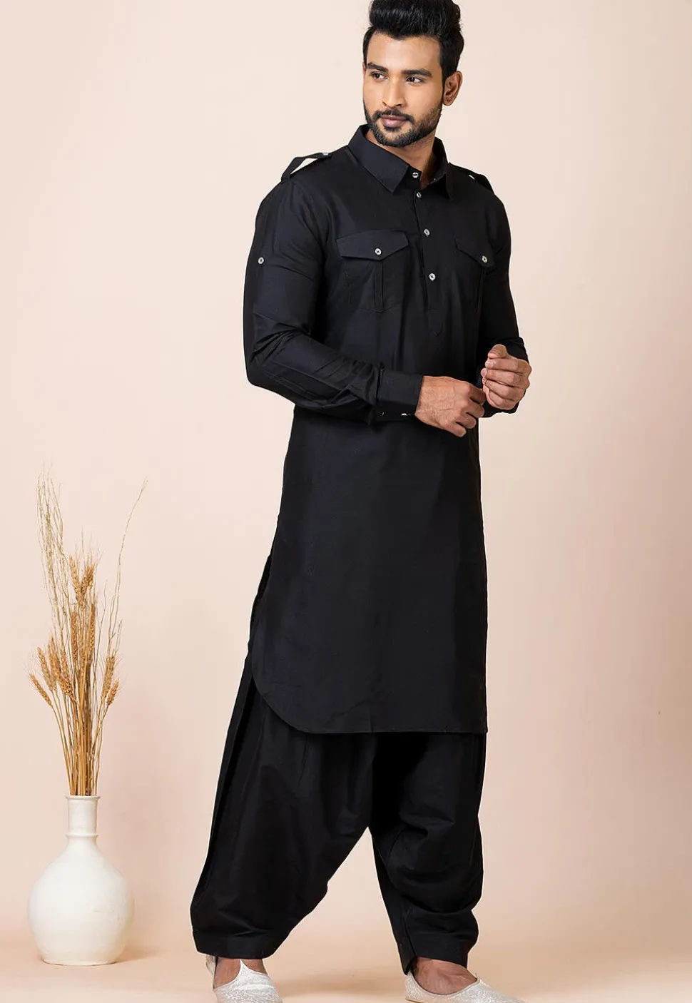 Solid Color Viscose Rayon Paithani Suit in Black