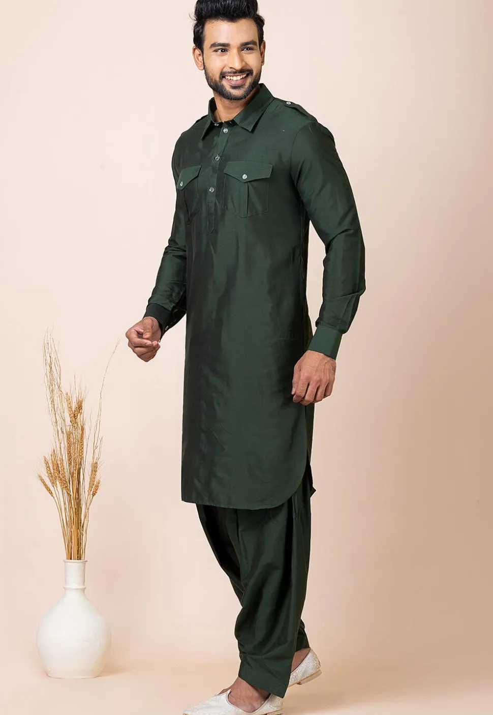 Solid Color Viscose Rayon Paithani Suit in Dark Green