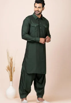 Solid Color Viscose Rayon Paithani Suit in Dark Green