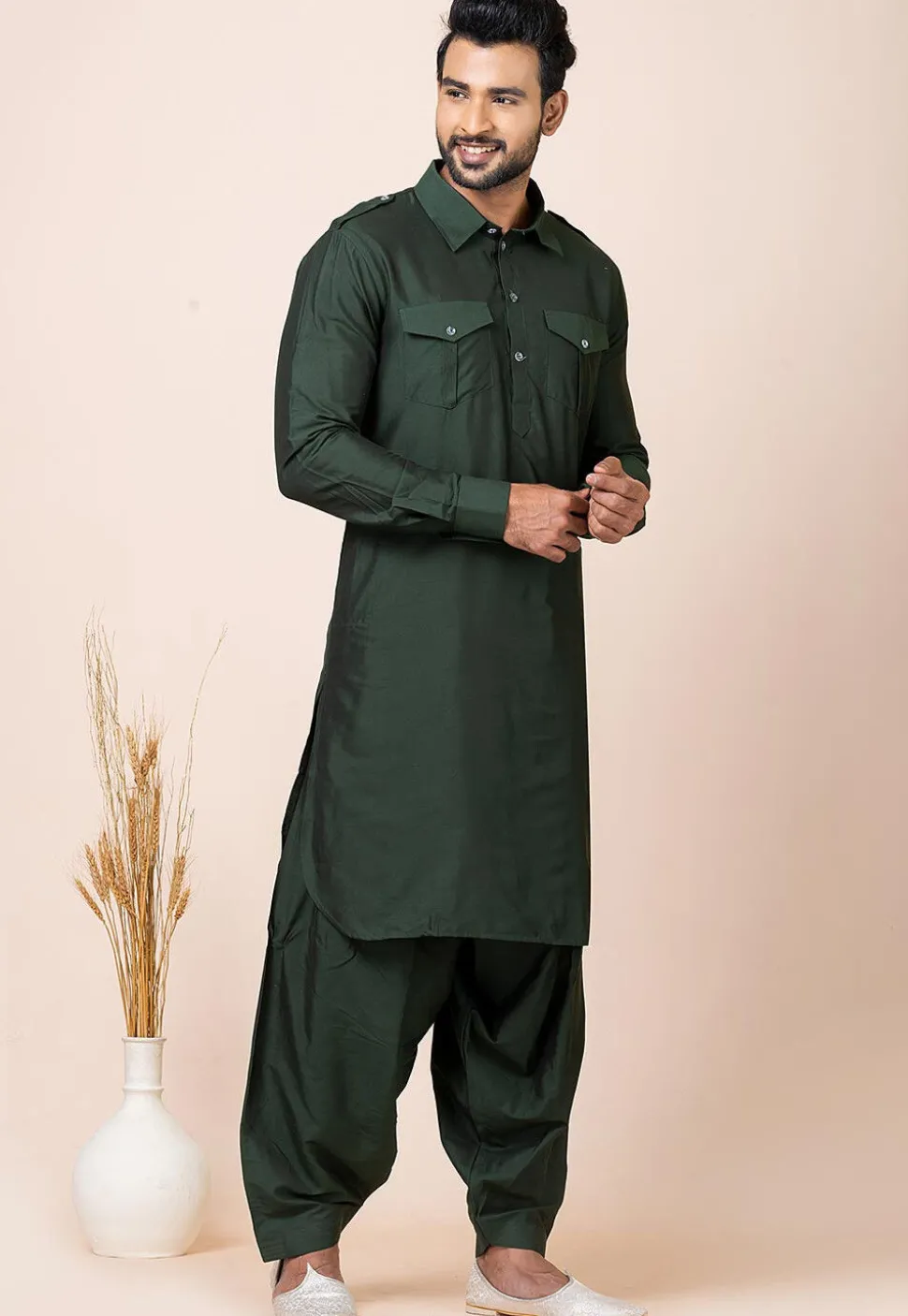 Solid Color Viscose Rayon Paithani Suit in Dark Green