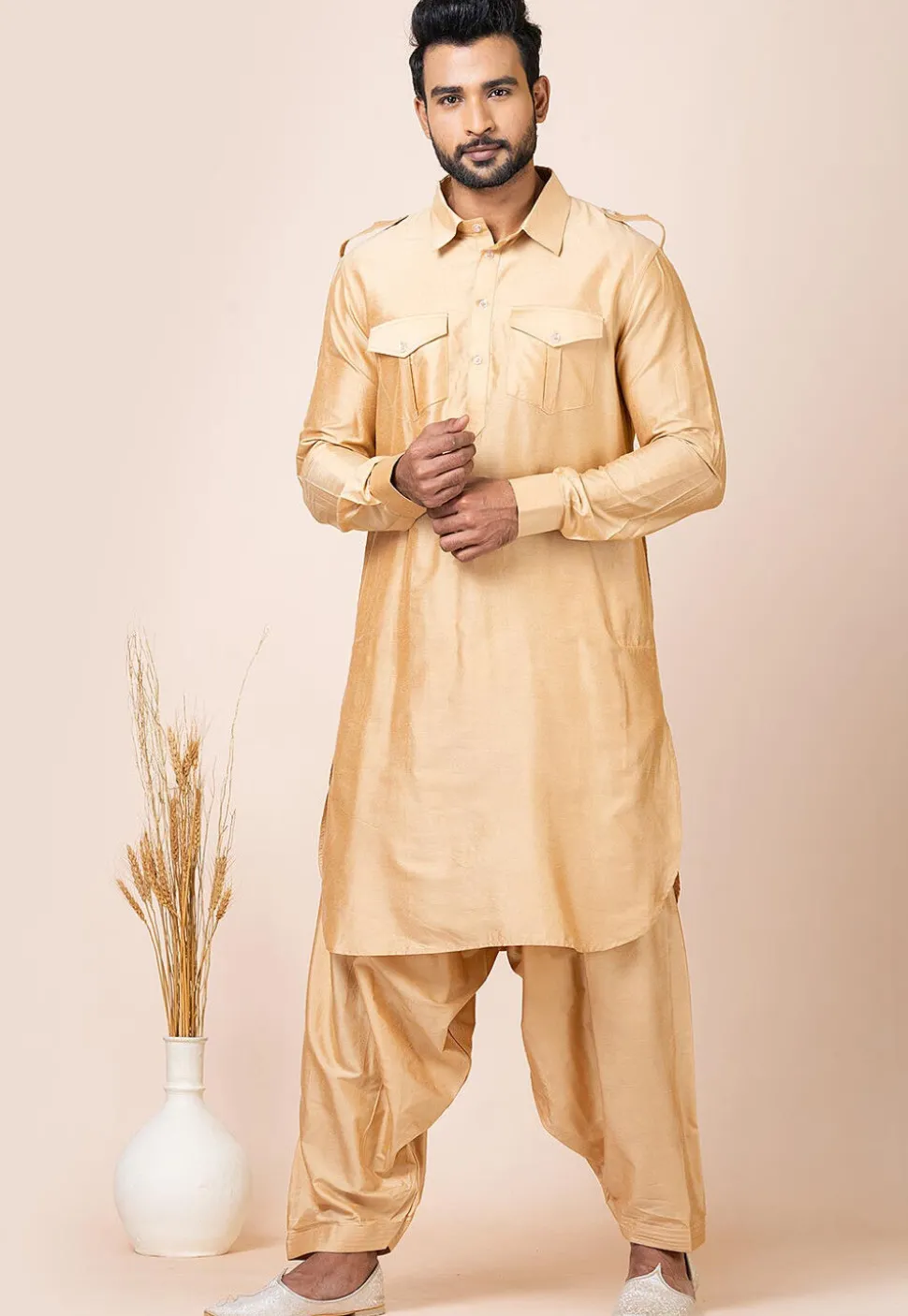 Solid Color Viscose Rayon Paithani Suit in Beige