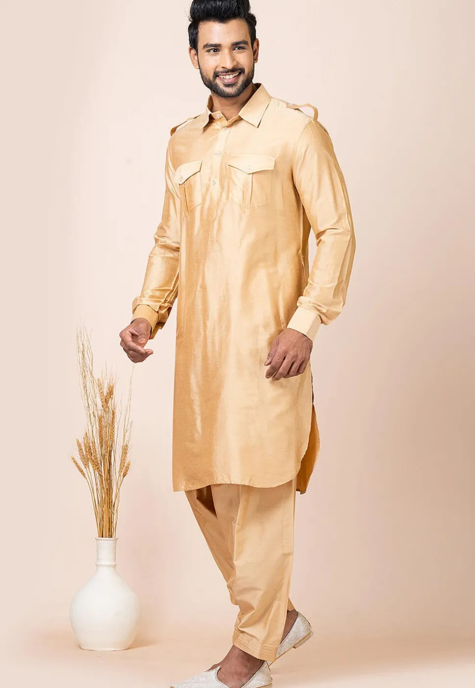 Solid Color Viscose Rayon Paithani Suit in Beige