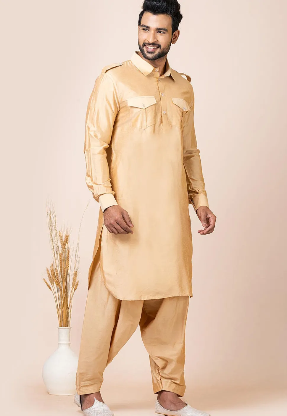 Solid Color Viscose Rayon Paithani Suit in Beige