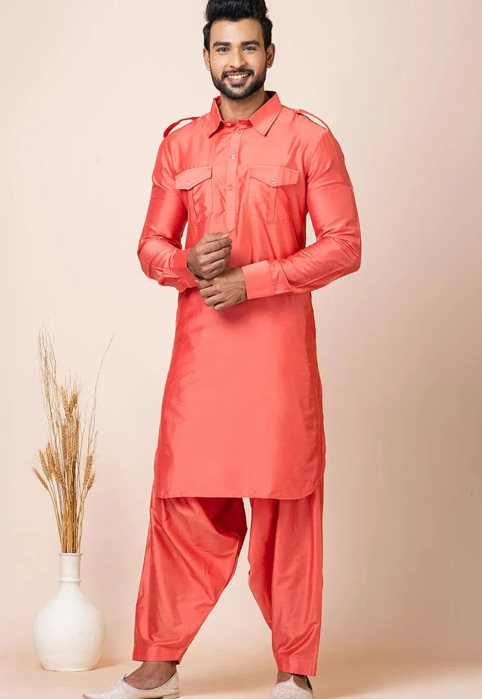 Solid Color Viscose Rayon Paithani Suit in Peach