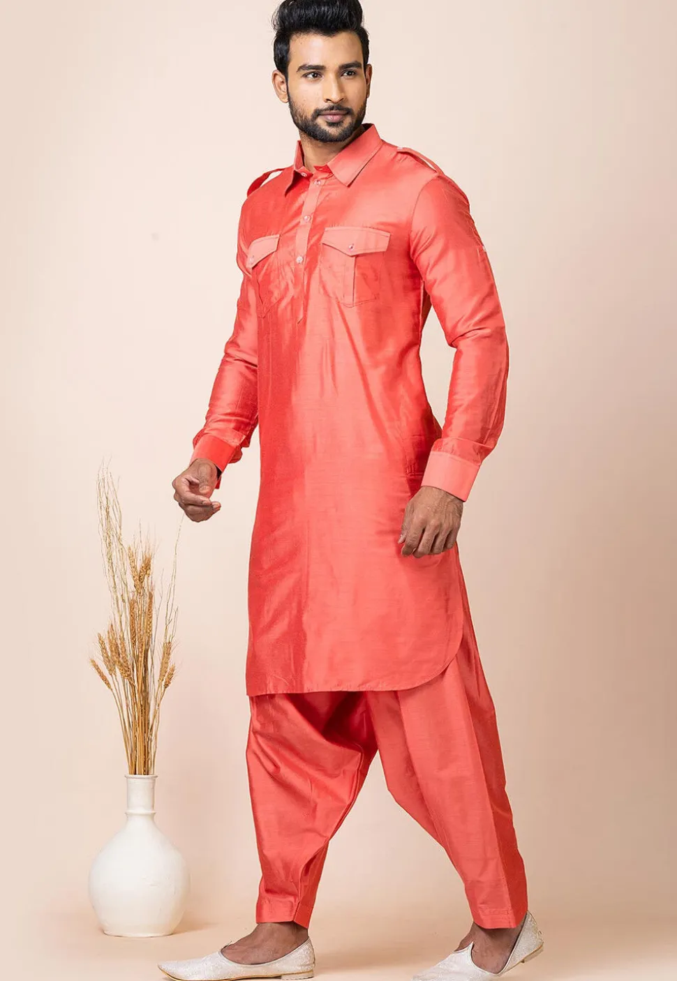 Solid Color Viscose Rayon Paithani Suit in Peach