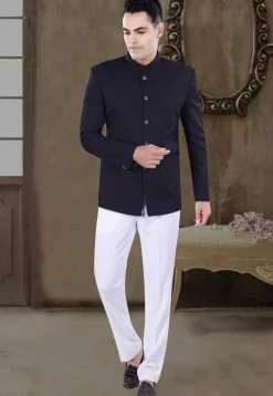 Solid Color Viscose Silk Jodhpuri Suit in Navy Blue