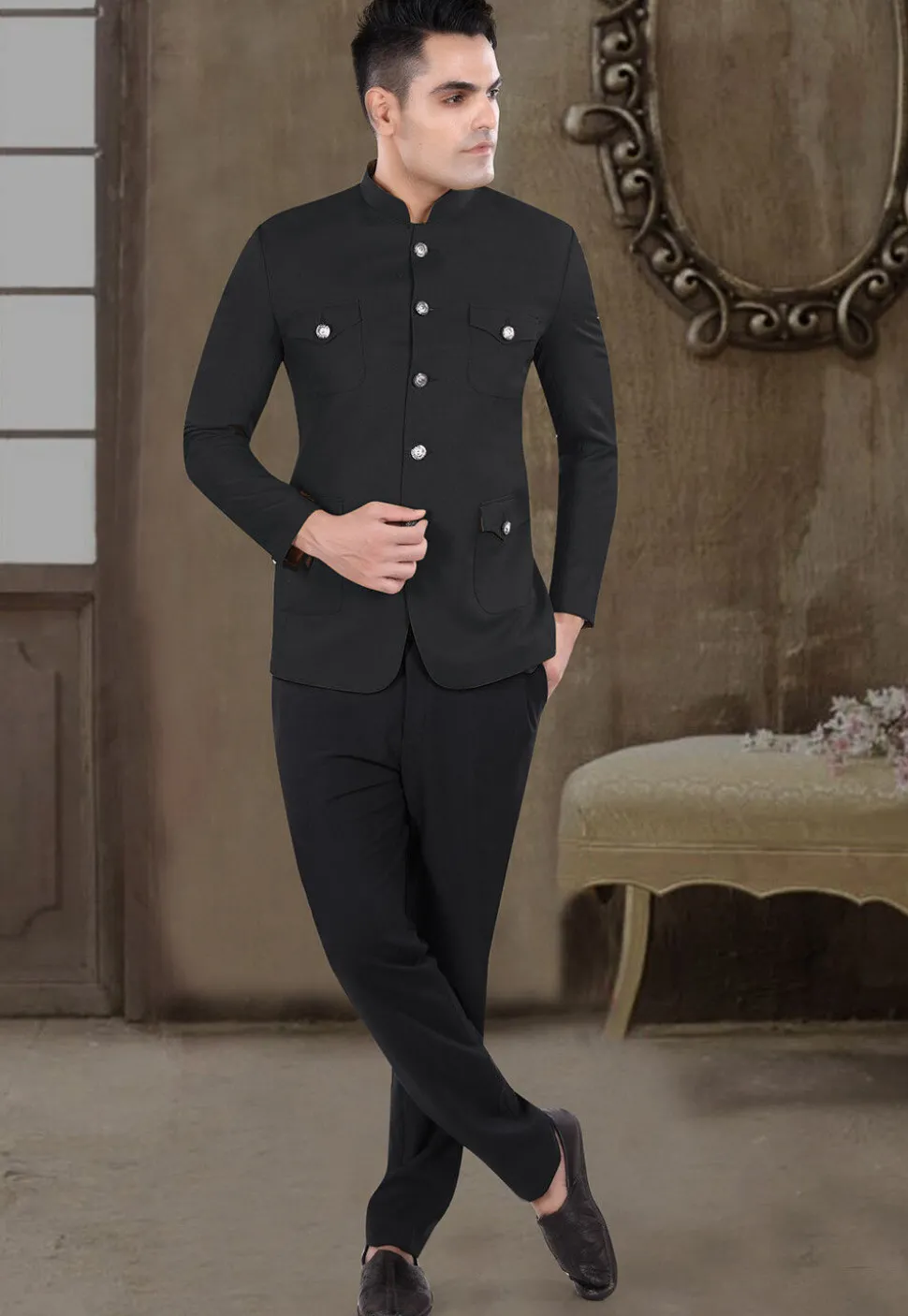 Solid Color Viscose Silk Jodhpuri Suit in Black