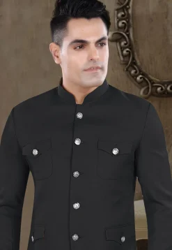 Solid Color Viscose Silk Jodhpuri Suit in Black