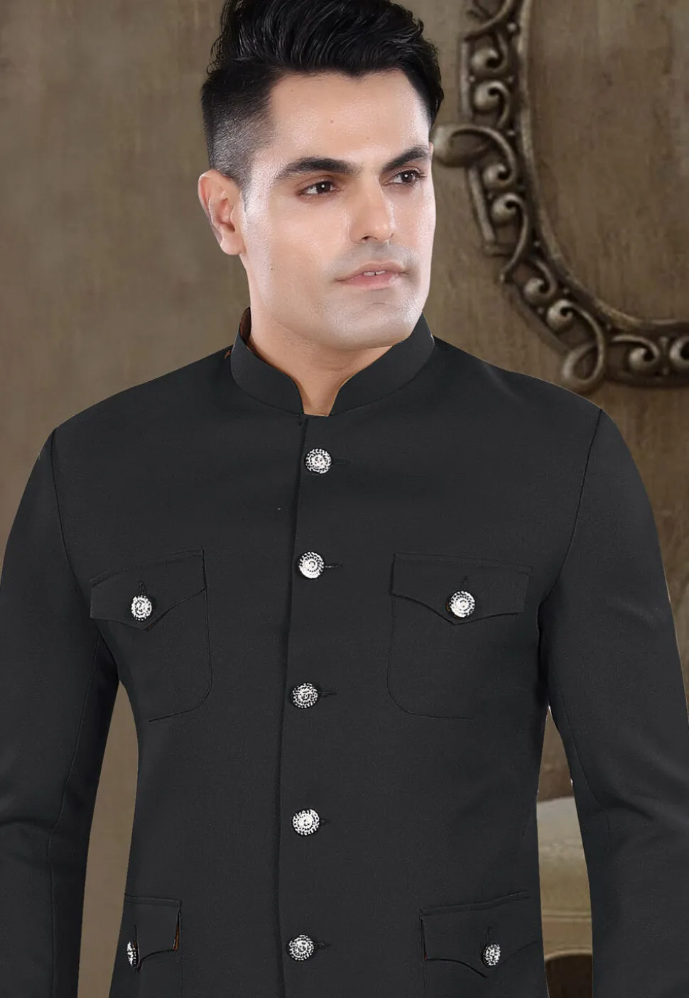 Solid Color Viscose Silk Jodhpuri Suit in Black