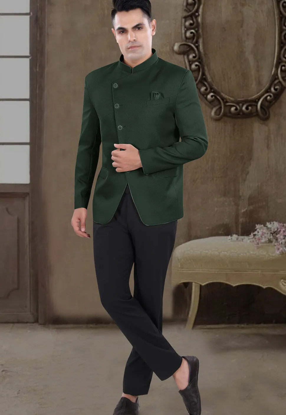 Solid Color Viscose Silk Jodhpuri Suit in Dark Green