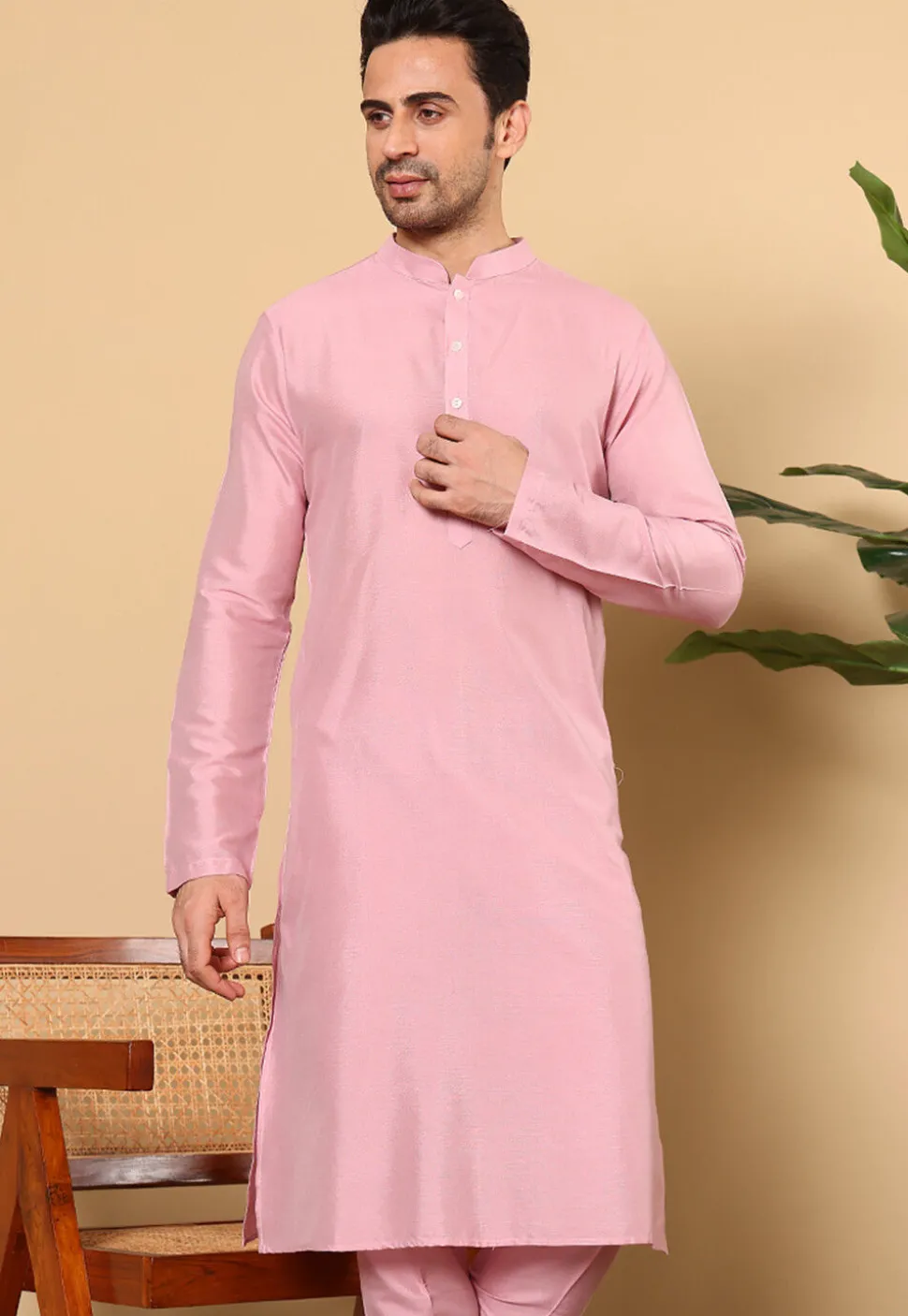Solid Color Viscose Silk Kurta in Pink