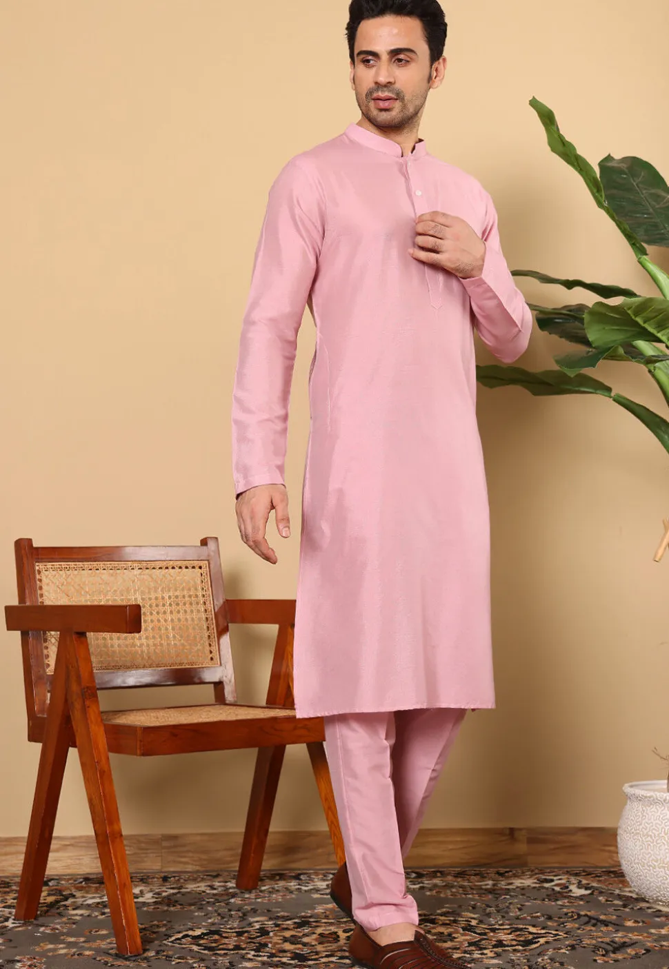 Solid Color Viscose Silk Kurta in Pink