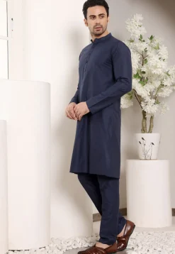 Solid Color Viscose Silk Kurta Set in Navy Blue