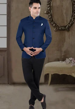 Solid Color Viscose Silk Jodhpuri Suit in Navy Blue