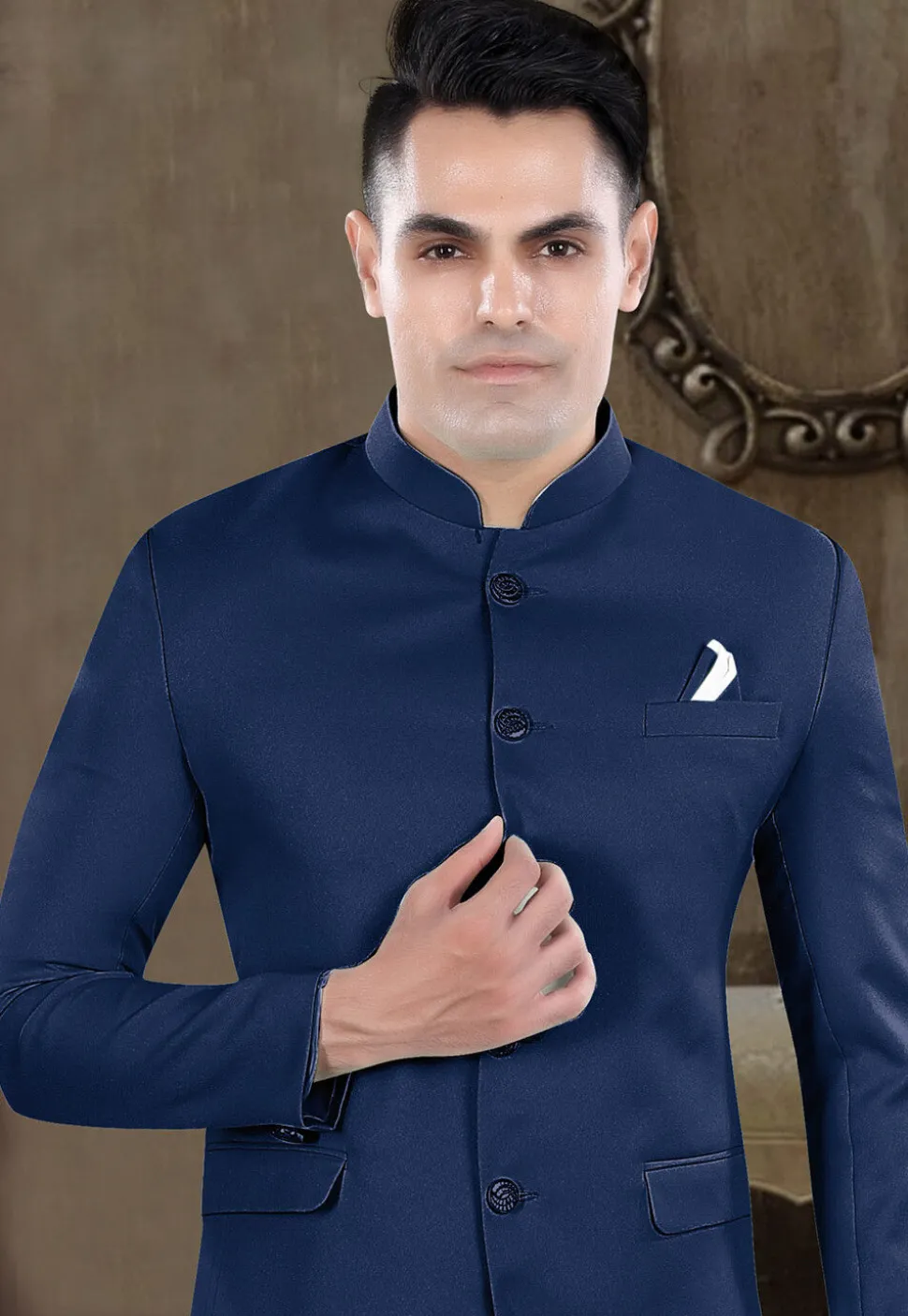 Solid Color Viscose Silk Jodhpuri Suit in Navy Blue