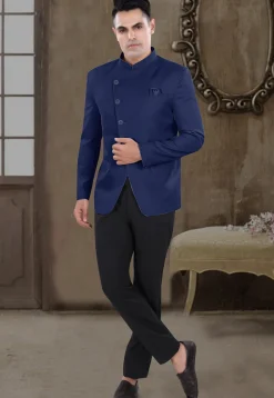 Solid Color Viscose Silk Jodhpuri Suit in Navy Blue