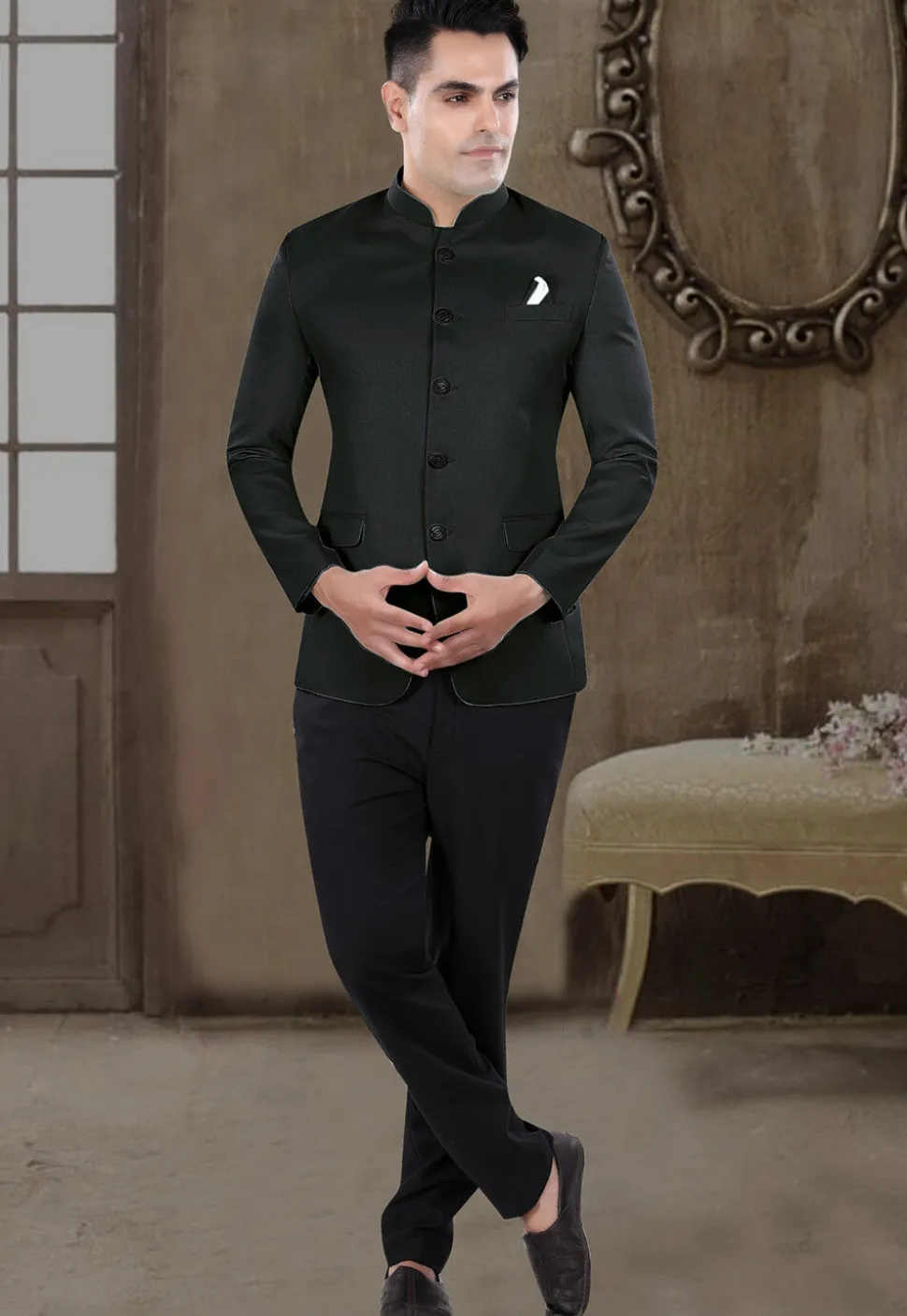 Solid Color Viscose Silk Jodhpuri Suit in Black