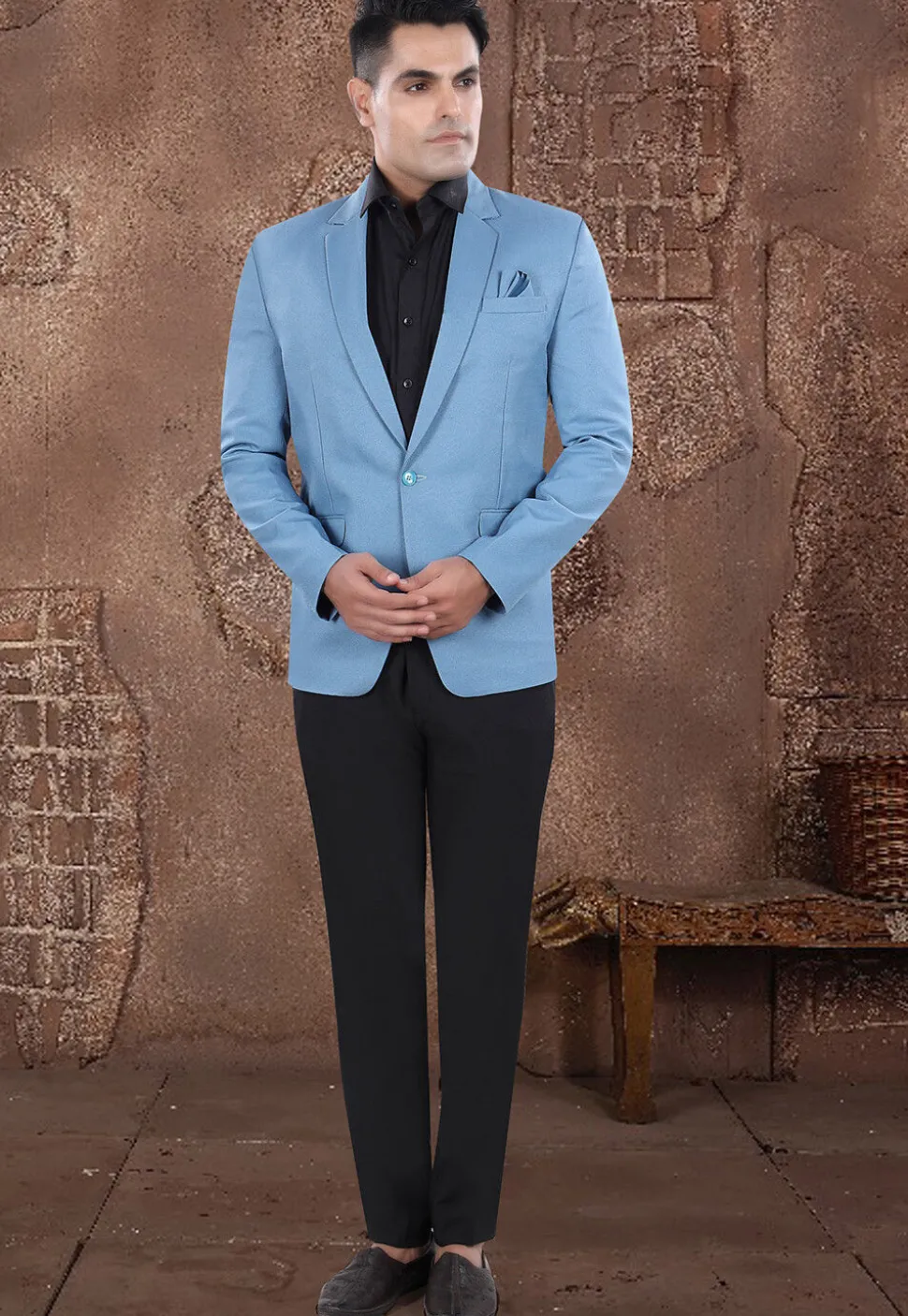 Solid Color Viscose Silk Blazer in Sky Blue