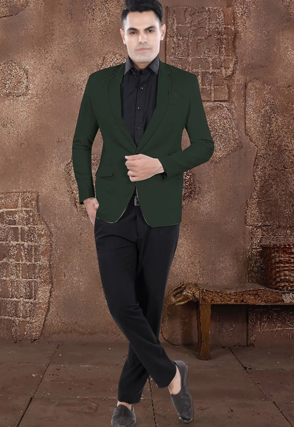 Solid Color Viscose Silk Blazer in Dark Green