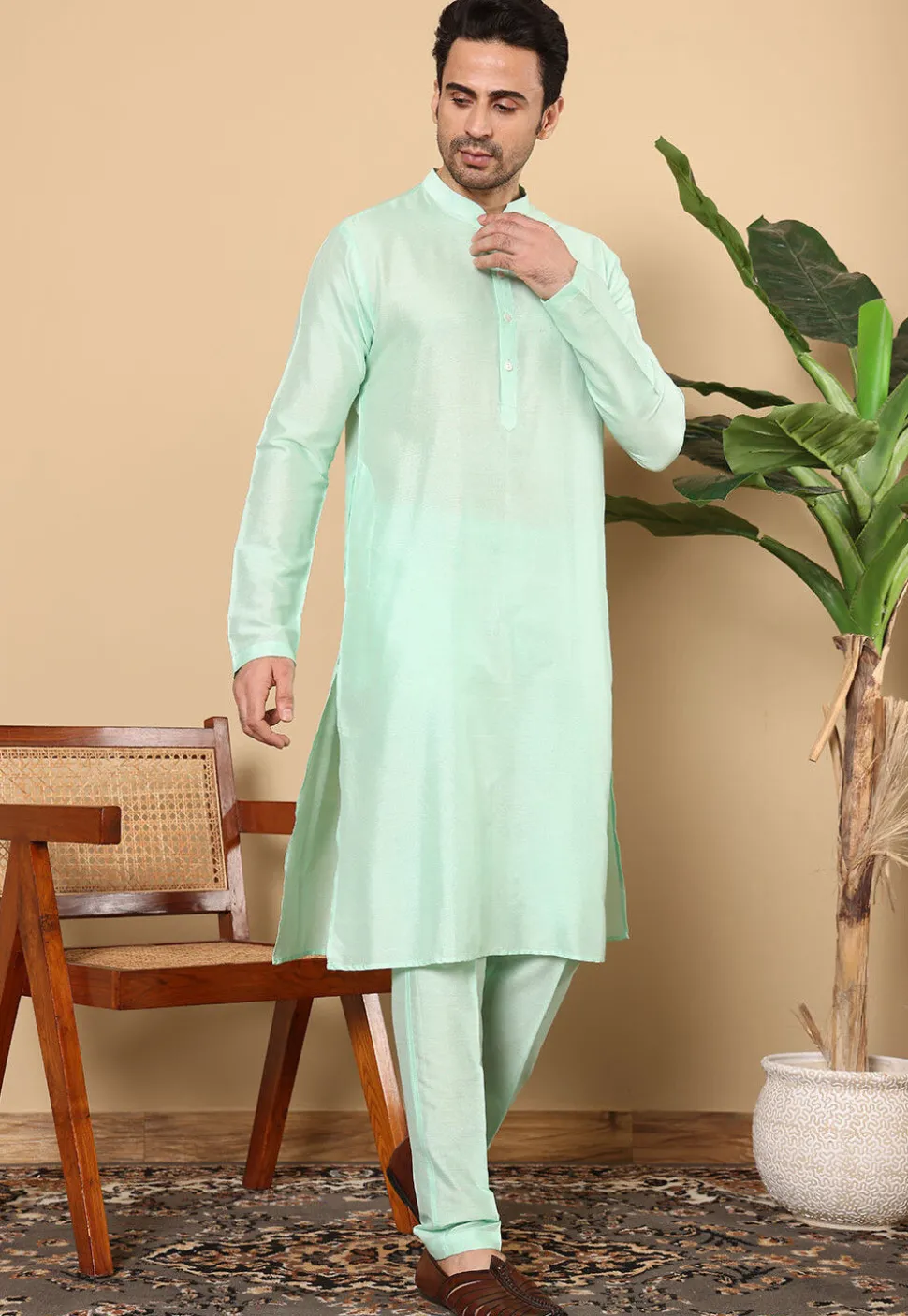 Solid Color Viscose Silk Kurta Set in Sea Green