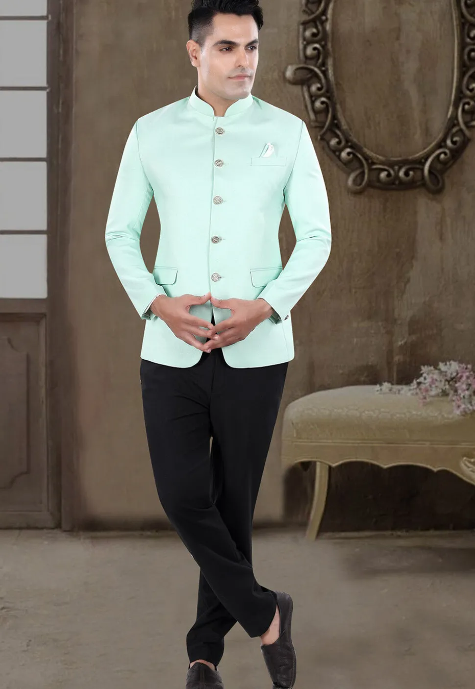 Solid Color Viscose Silk Jodhpuri Suit in Sea Green