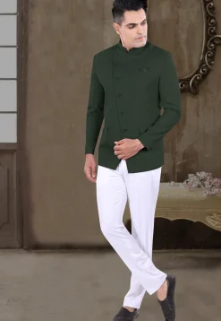 Solid Color Viscose Silk Jodhpuri Suit in Dark Green