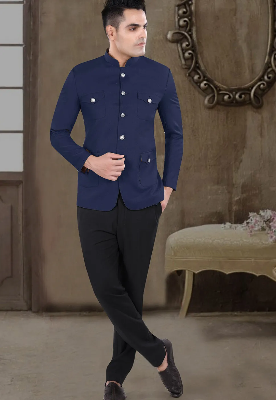 Solid Color Viscose Silk Jodhpuri Suit in Navy Blue