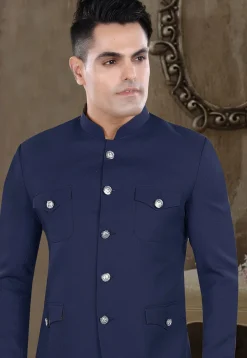 Solid Color Viscose Silk Jodhpuri Suit in Navy Blue