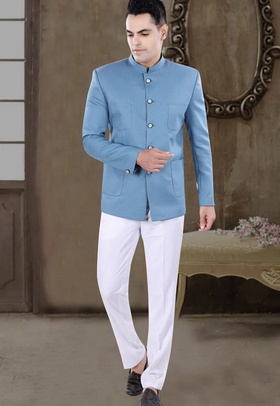 Solid Color Viscose Silk Jodhpuri Suit in Light Blue