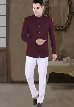 Solid Color Viscose Silk Jodhpuri Suit in Maroon