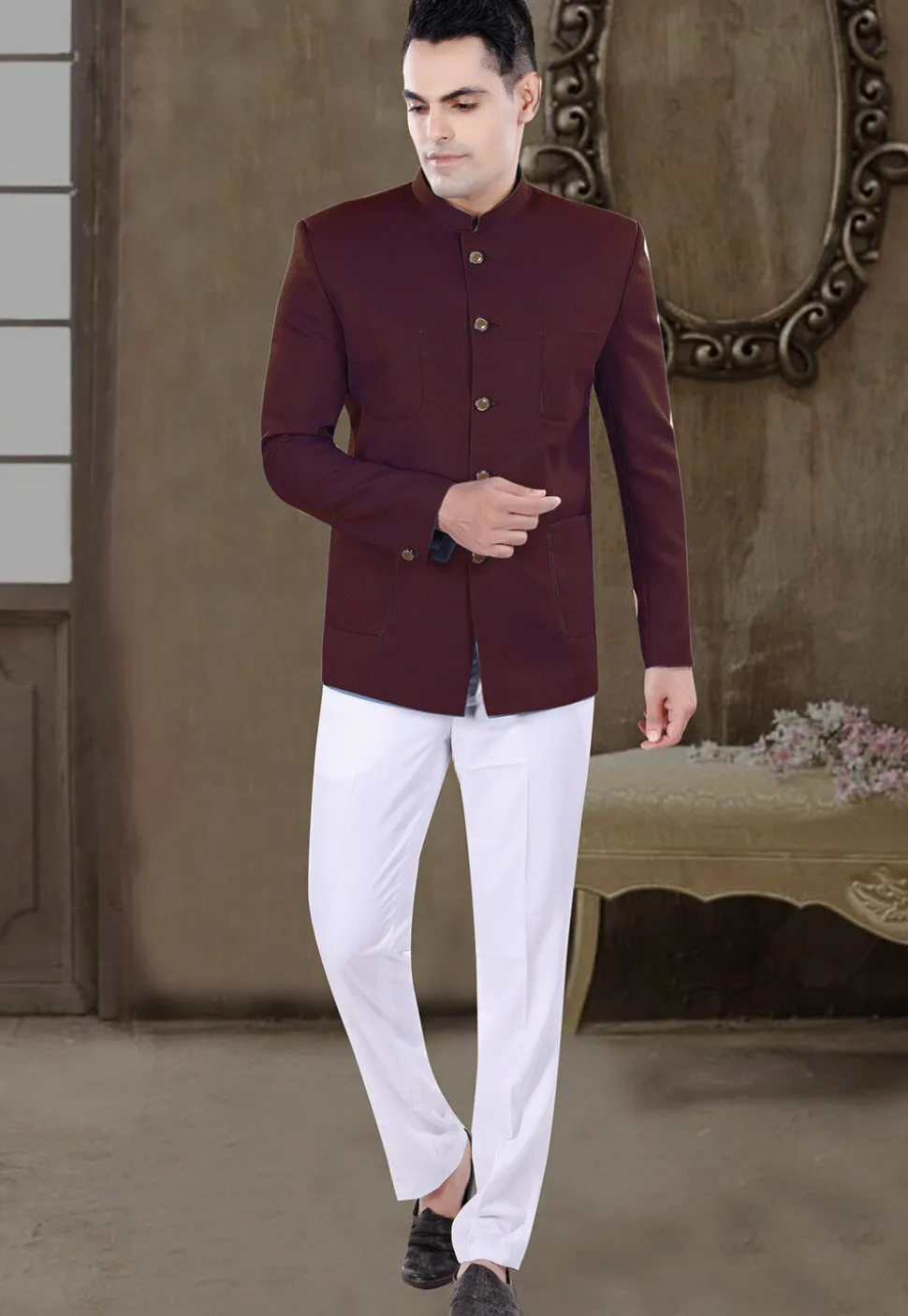 Solid Color Viscose Silk Jodhpuri Suit in Maroon