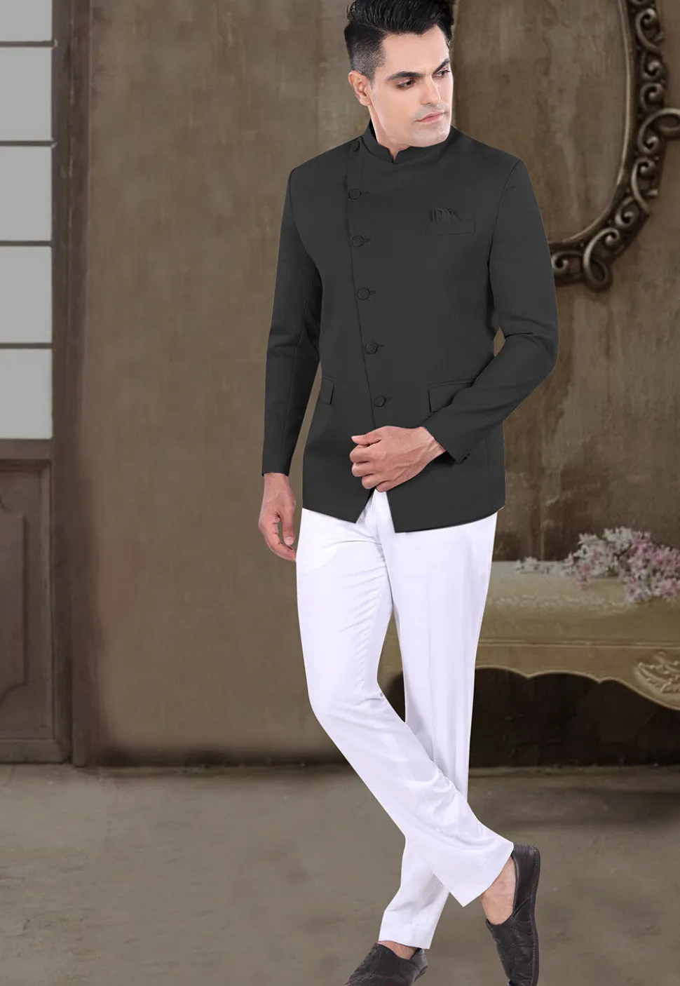 Solid Color Viscose Silk Jodhpuri Suit in Black