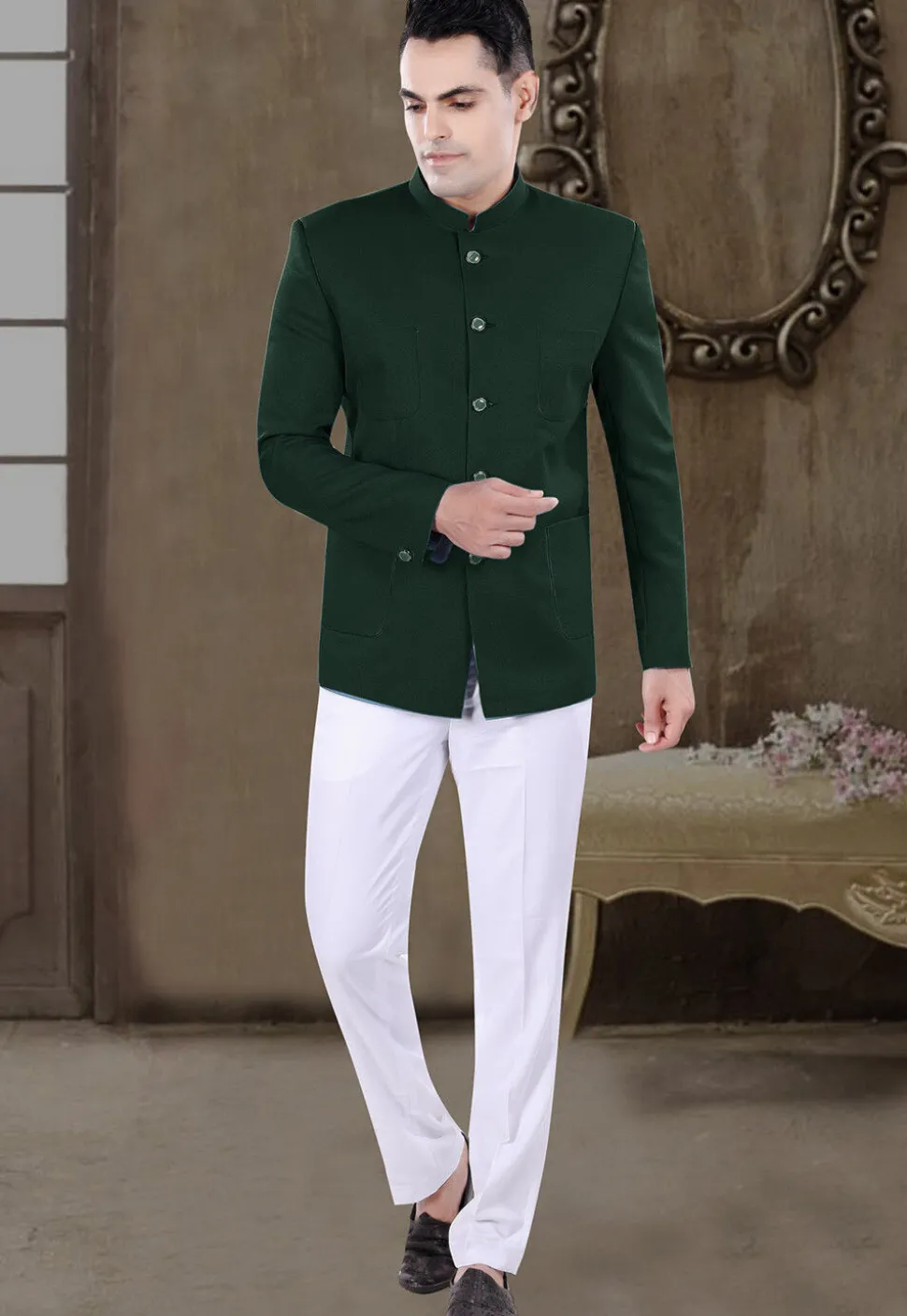 Solid Color Viscose Silk Jodhpuri Suit in Dark Green
