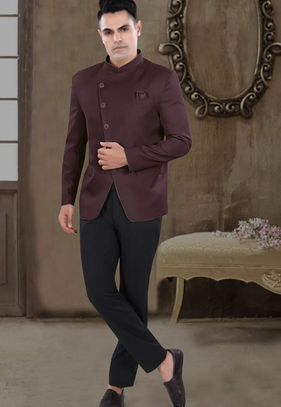 Solid Color Viscose Silk Jodhpuri Suit in Wine