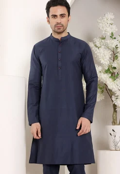 Solid Color Viscose Silk Kurta in Navy Blue